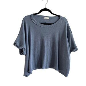 Entro Women SZ L Blue Waffle Knit Short Sleeve Pullover Cropped Top